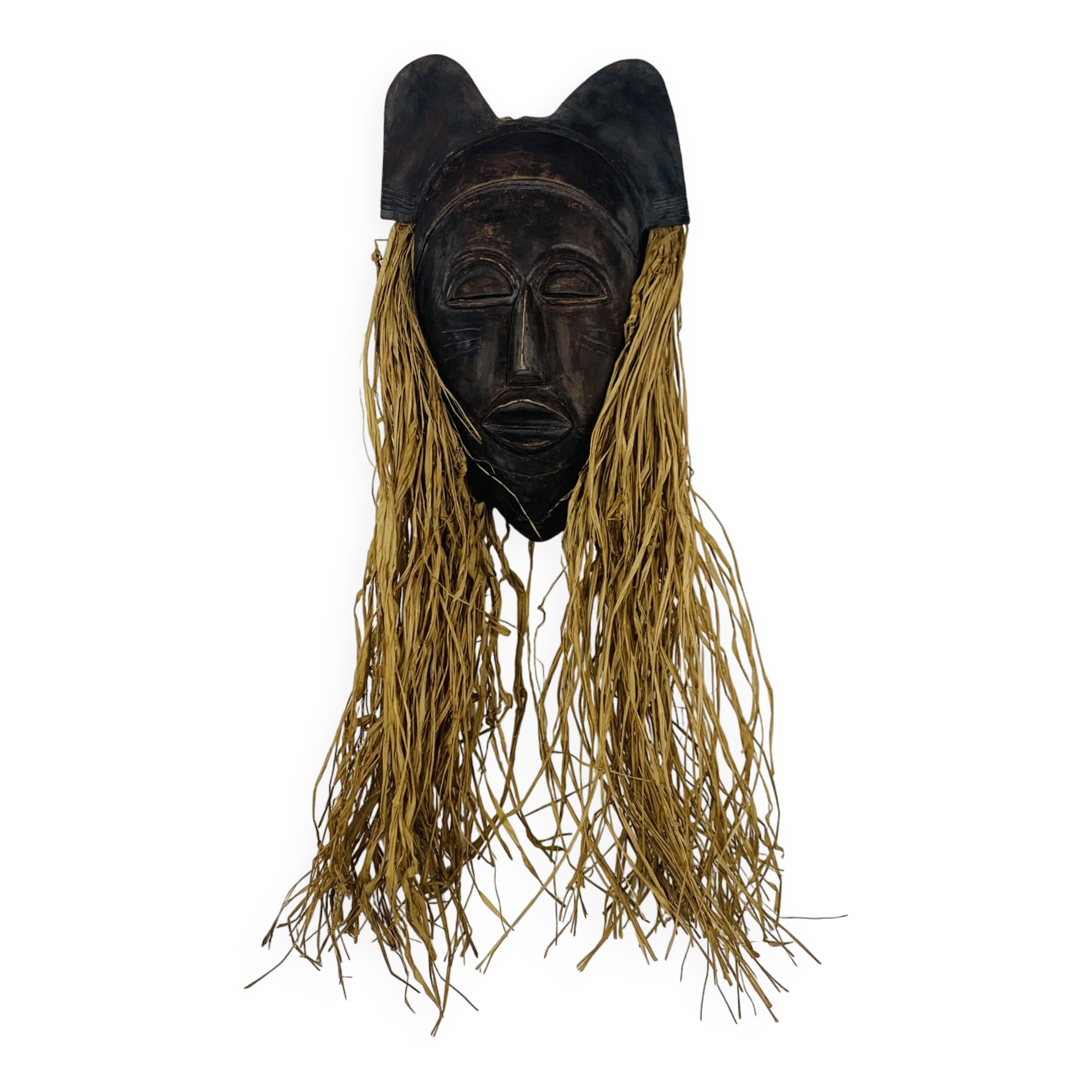 African ceramic and raffia mask signed BJ