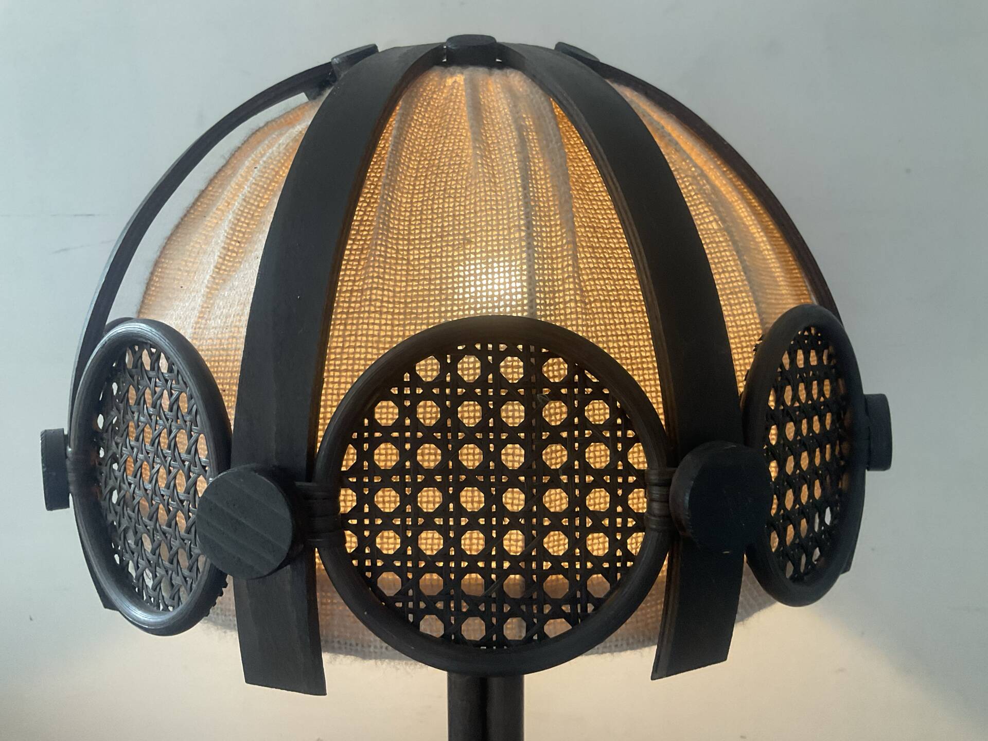 Vintage lamp in rattan, caning and jute fabric from the 1970s.
