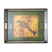 Plateau métallique rectangulaire à représentation naturaliste de John Gould - Fin 19ème siècle