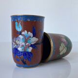 Two miniature vases in gilded copper and polychrome cloisonné enamels. Vintage Chinese work.