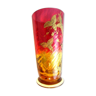 Red glass vase and amber faceted torso enamelled Legras, Liseron with fine gold
