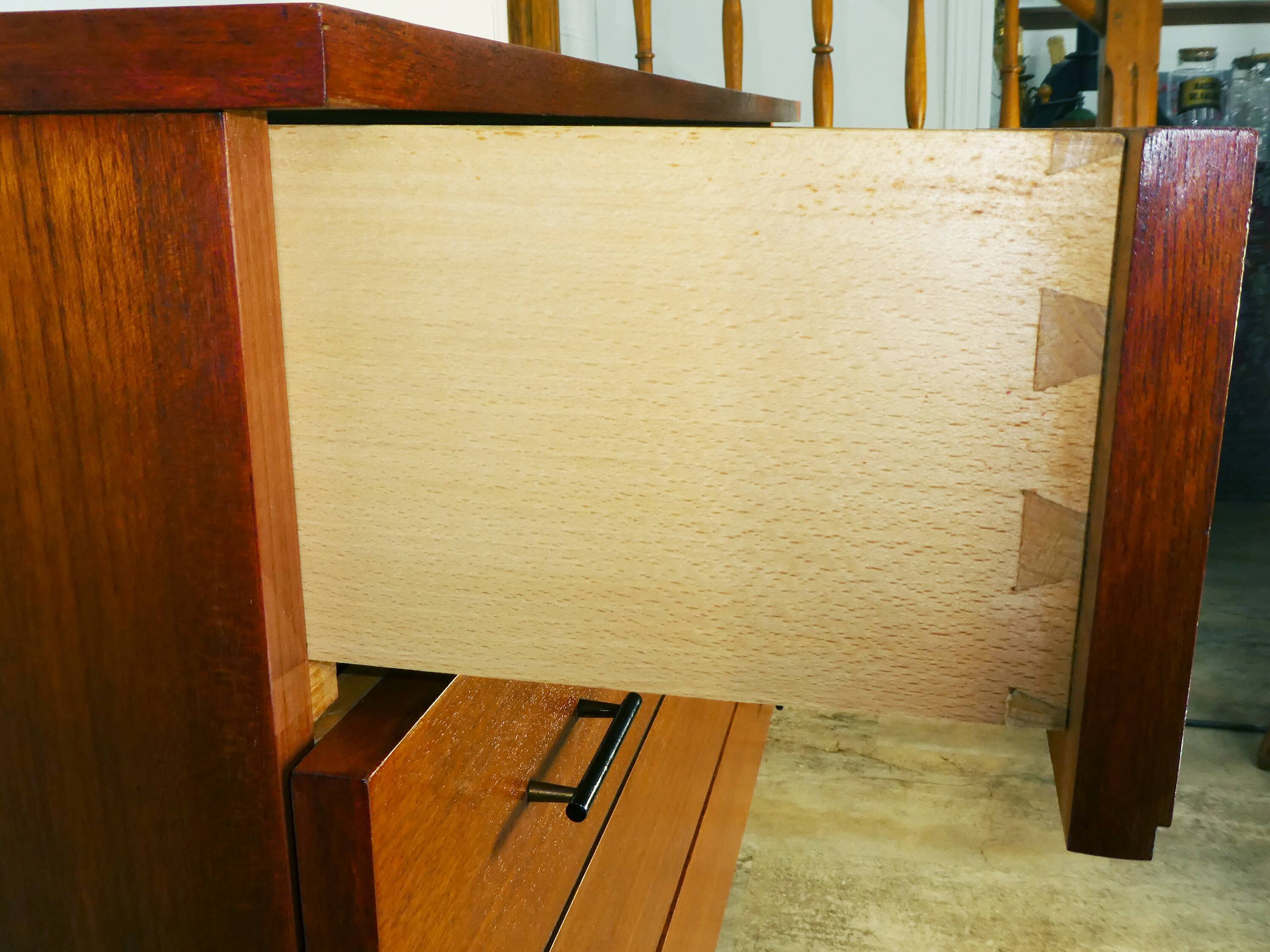 Vintage 1950s teak chest of drawers in metal