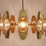 Oscar Torlasco brass chandelier of 25 inches with optical prism lenses, Italy, 1970s.