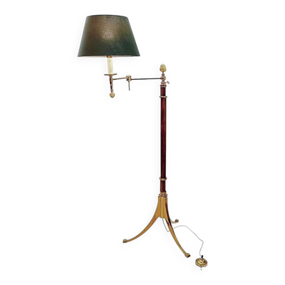 Lampadaire de bibliothèque ou de lecture en laiton et bois, milieu du XXe siècle
