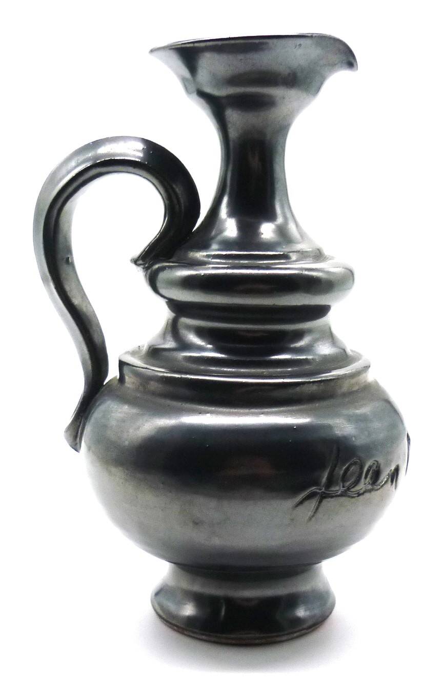 Vase pitcher, glazed ceramic in metallic black signed Jean Marais Vallauris.