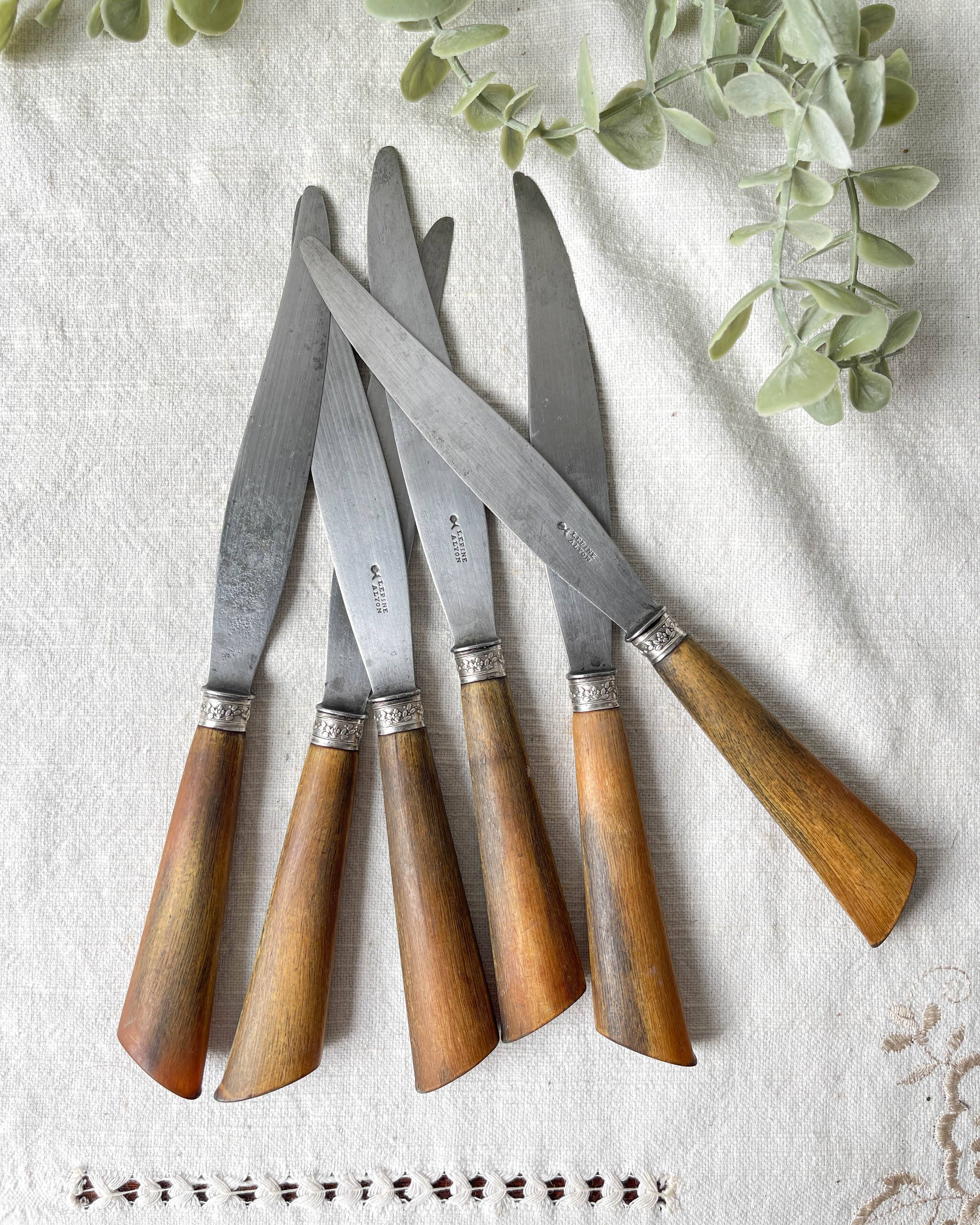 6 Vintage Horn Knives Silver Steel Blade LEPINE A LYON France 19th Century