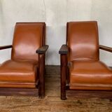 PAIR OF BRUTALIST ARMCHAIRS IN TEAK AND VINTAGE COGNAC LEATHER FROM THE 1950S