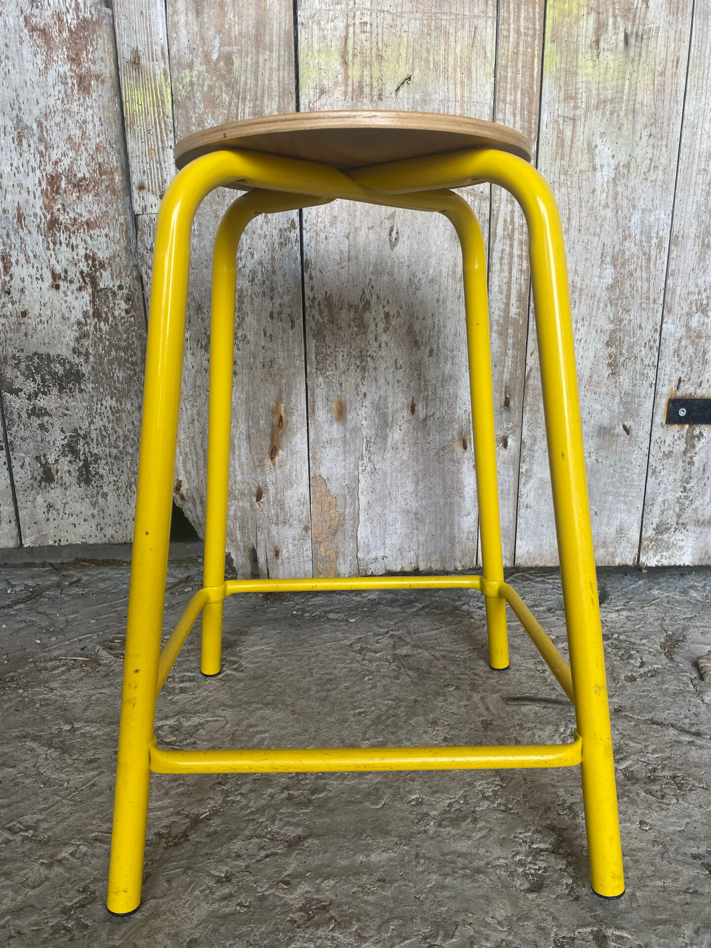 Vintage Industrial Stool Yellow Metal Tube + Wooden Seat