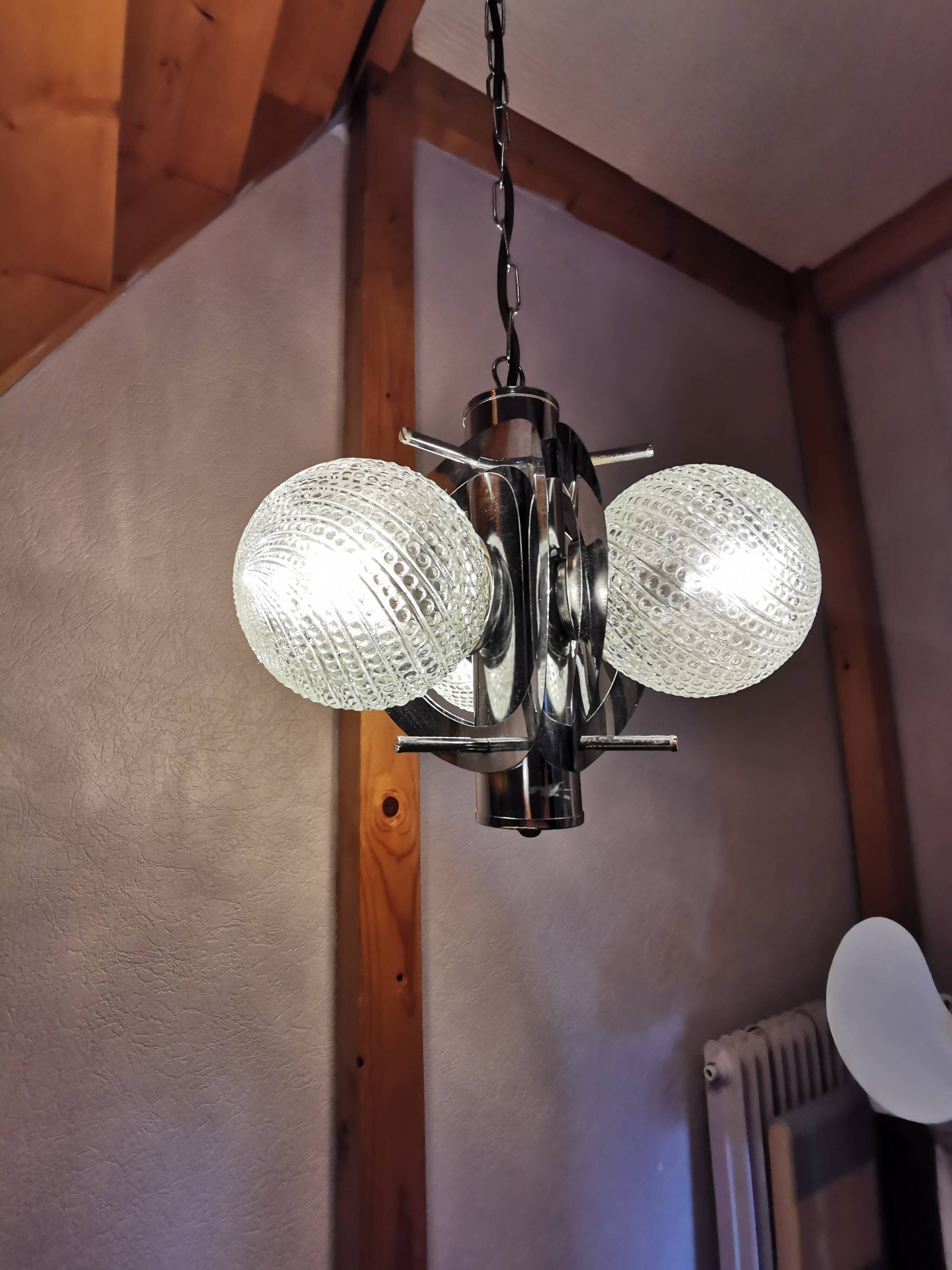 Space age chandelier with 3 lights, stainless steel and cut glass, Mazzega style, 1970