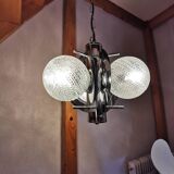 Space age chandelier with 3 lights, stainless steel and cut glass, Mazzega style, 1970
