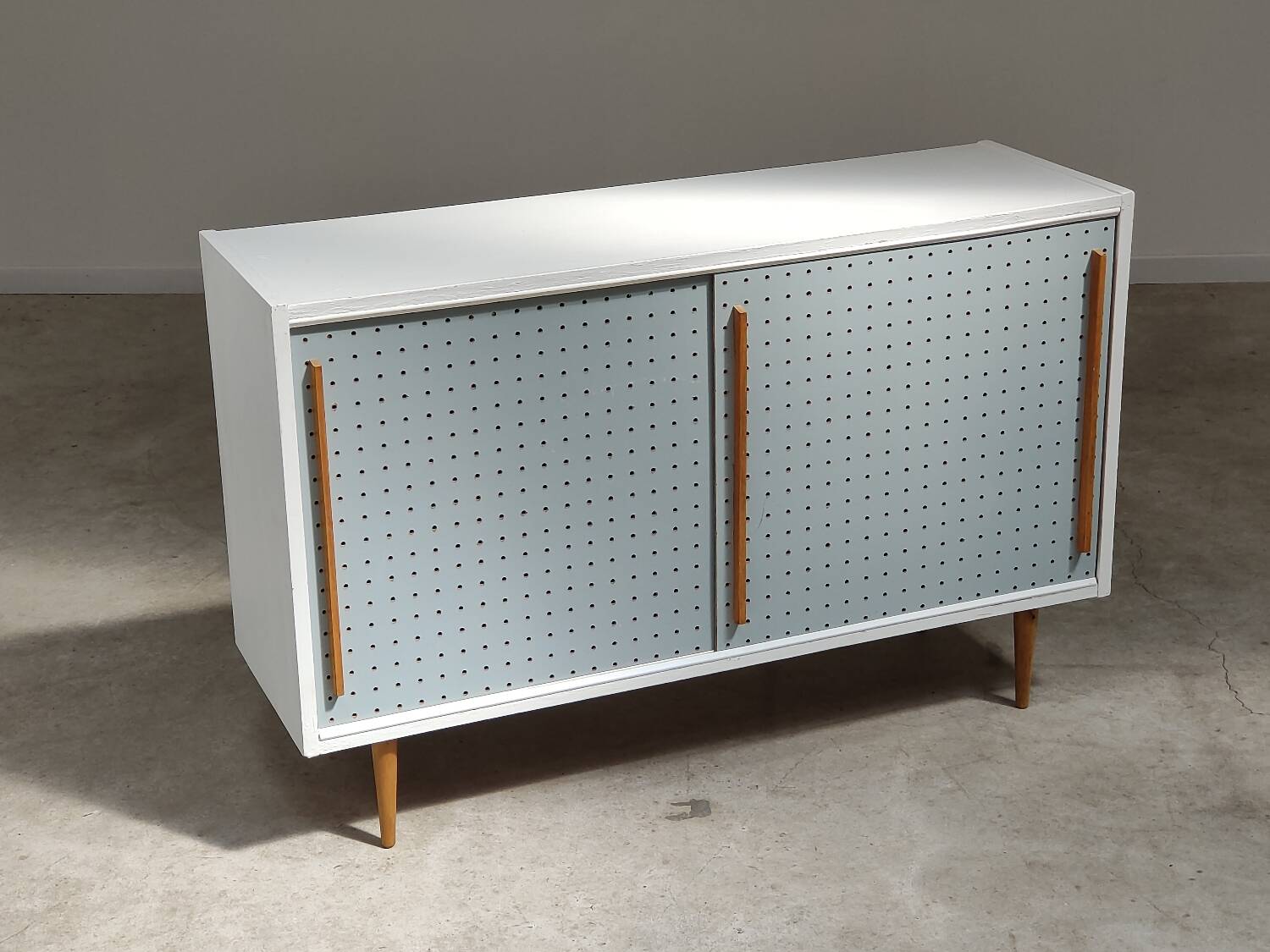 Blue and white chest of drawers by Drevopodnik Brno 1960