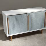 Blue and white chest of drawers by Drevopodnik Brno 1960