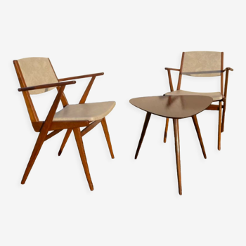 Scandinavian pair of armchairs and tripod table