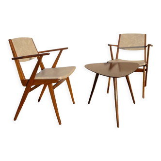 Scandinavian pair of armchairs and tripod table