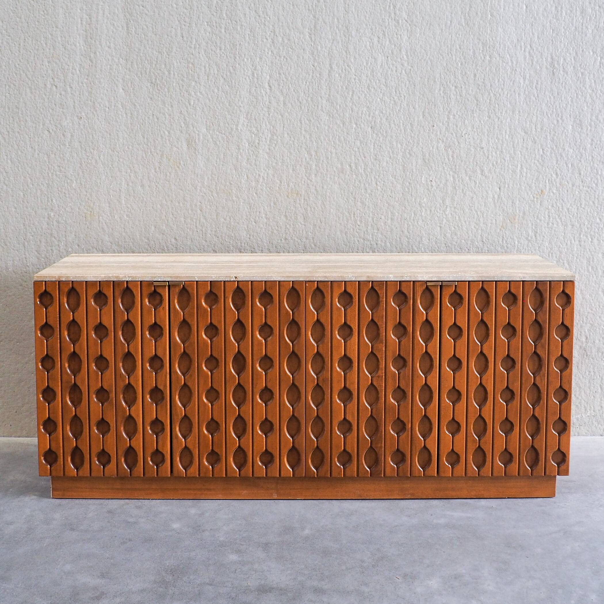 Contemporary Brutalist Carved Wood Sideboard With Travertine Top In review