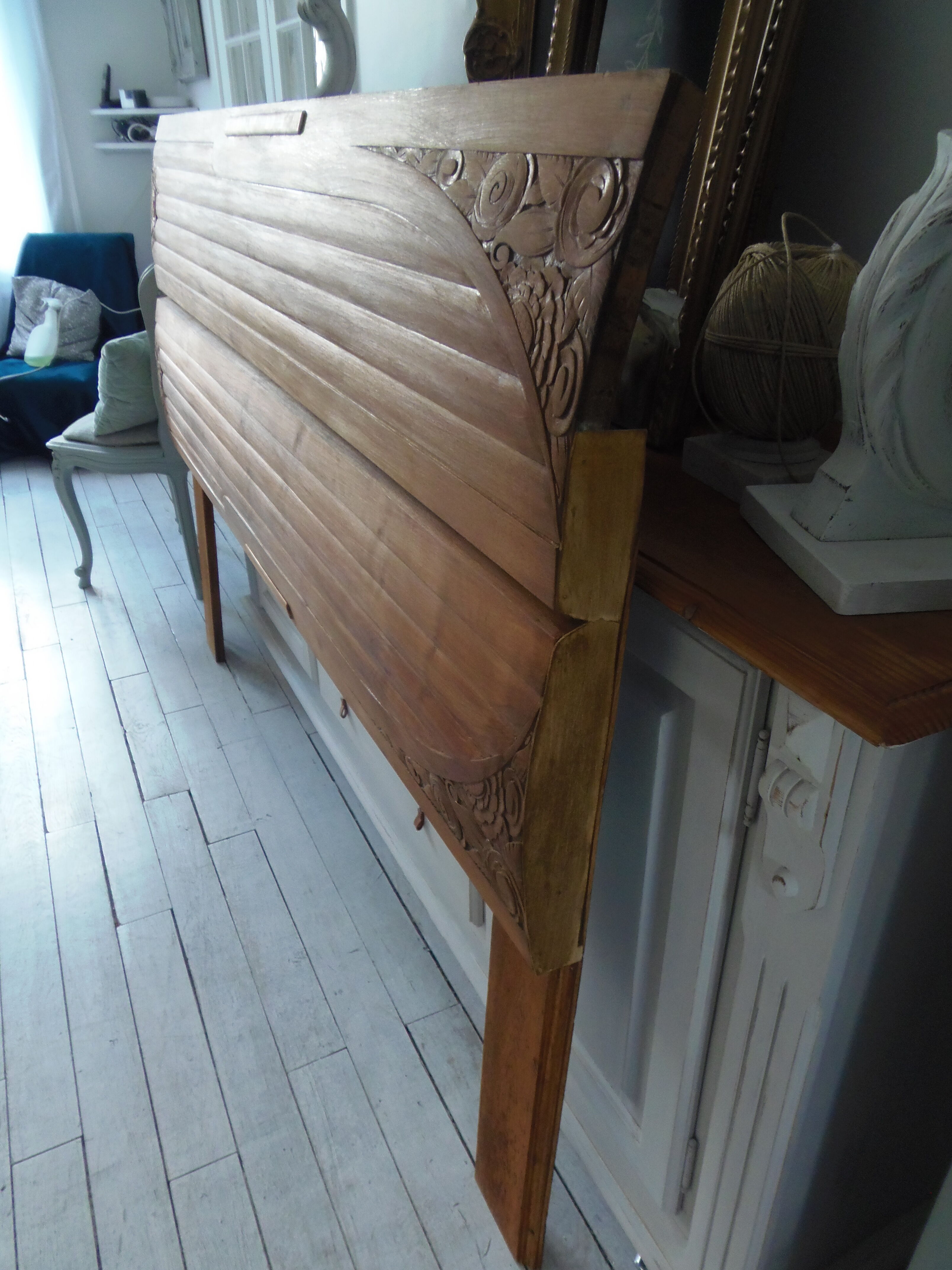 Headboard made with two art nouveau doors in walnut, waxed finish,