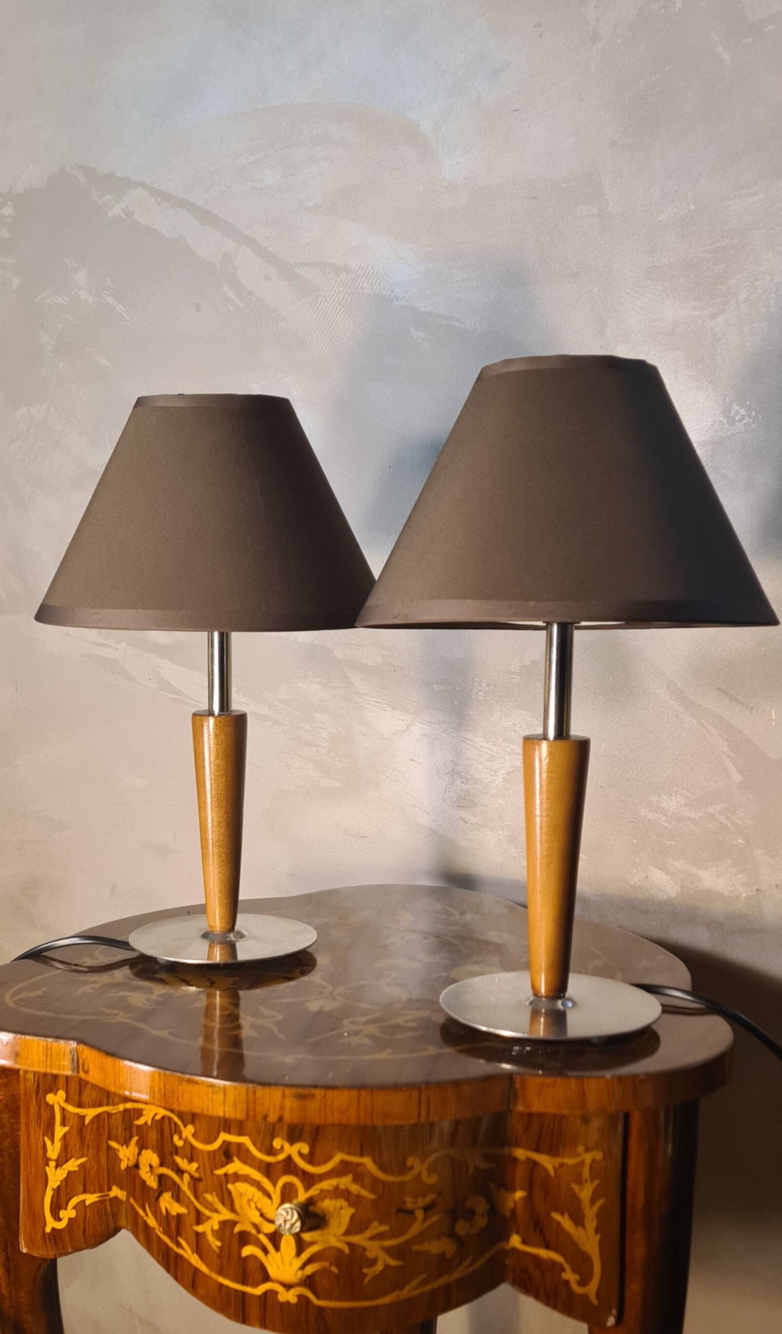 Pair of scandinavian style bedside lamps in wood and silver metal elec ok 30x18