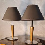 Pair of scandinavian style bedside lamps in wood and silver metal elec ok 30x18