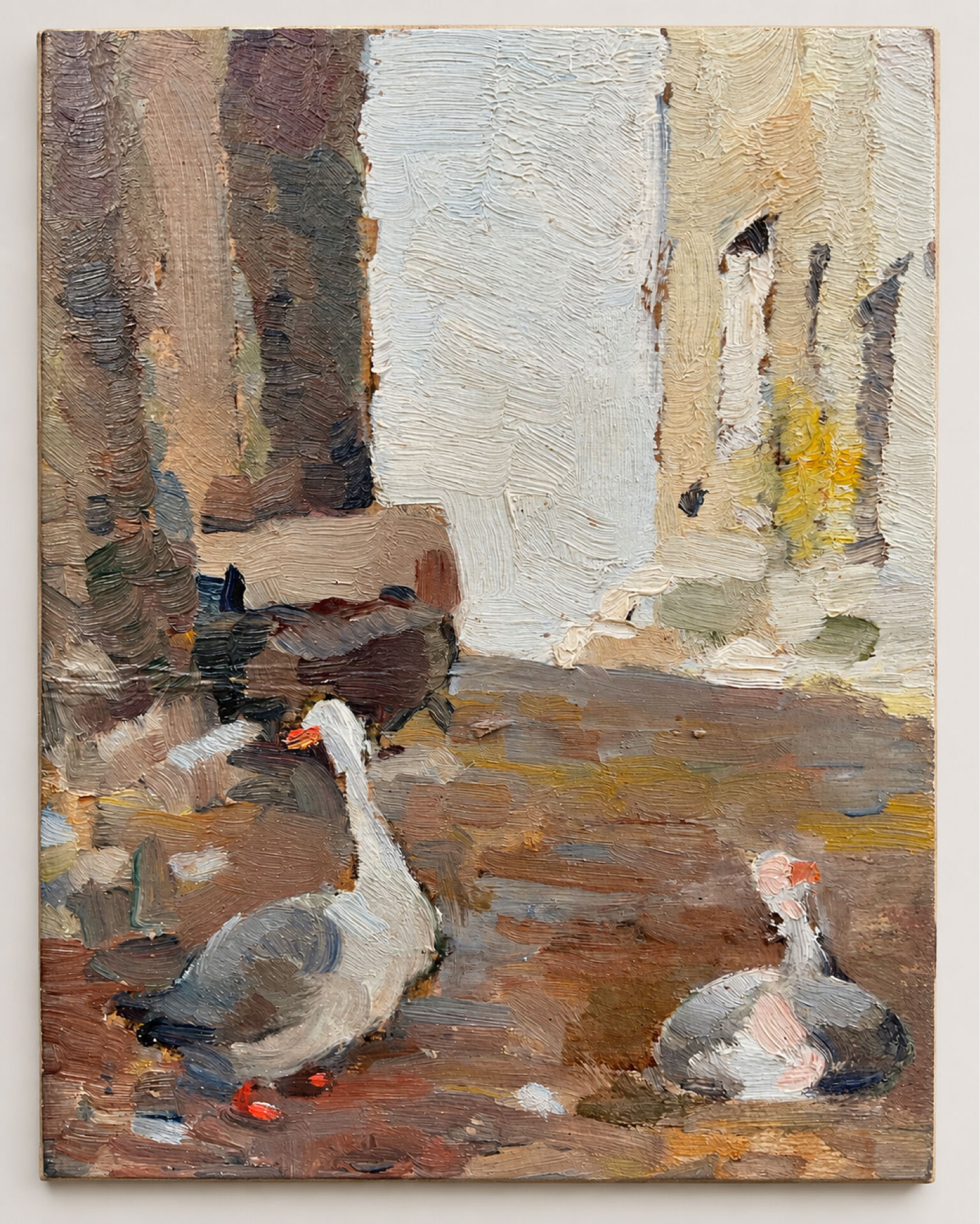 Oil on double-sided panel with geese, signed Robert, dated 1930.