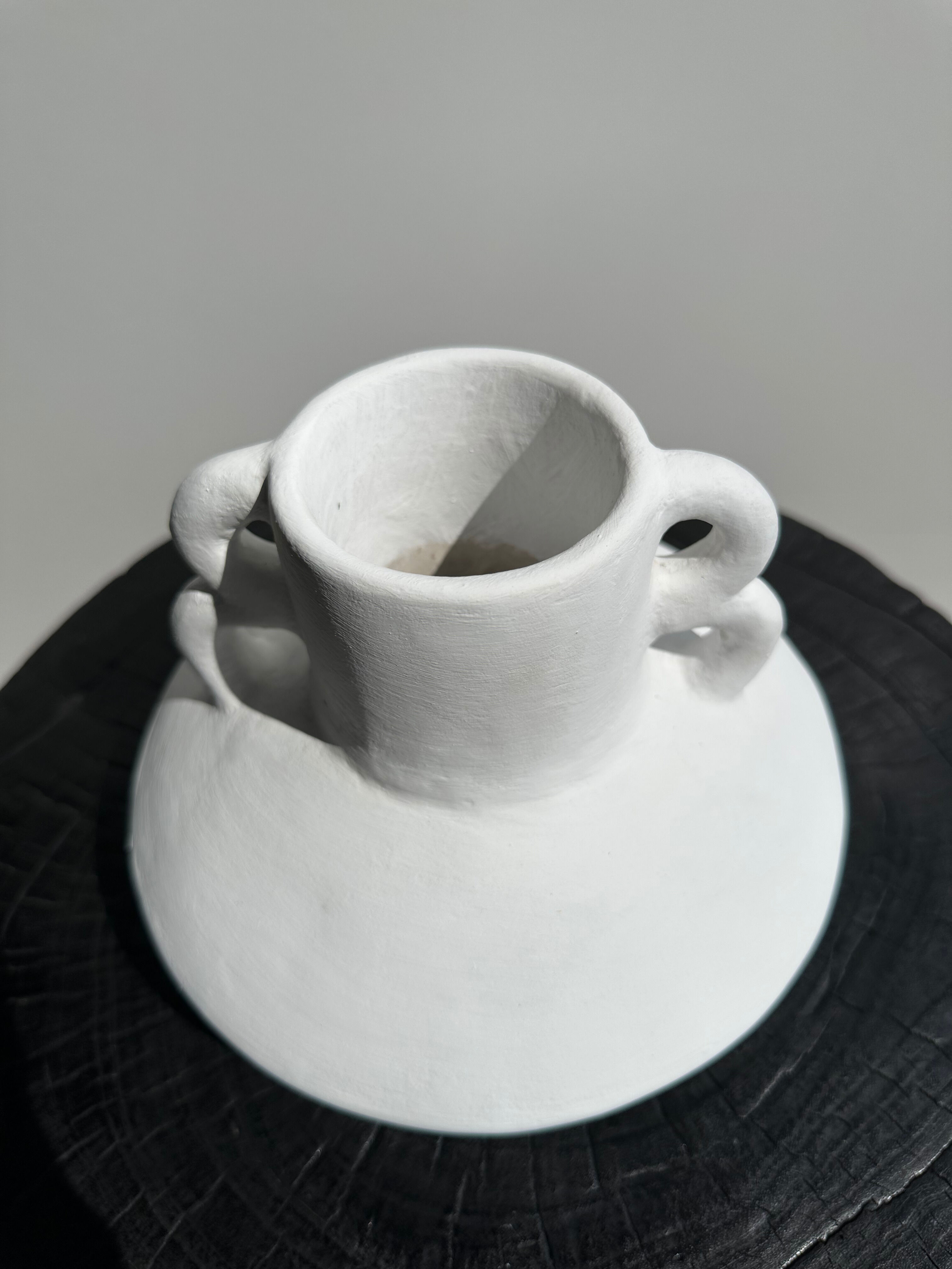 Handmade terracotta vase painted white with double handles H:16 D:20