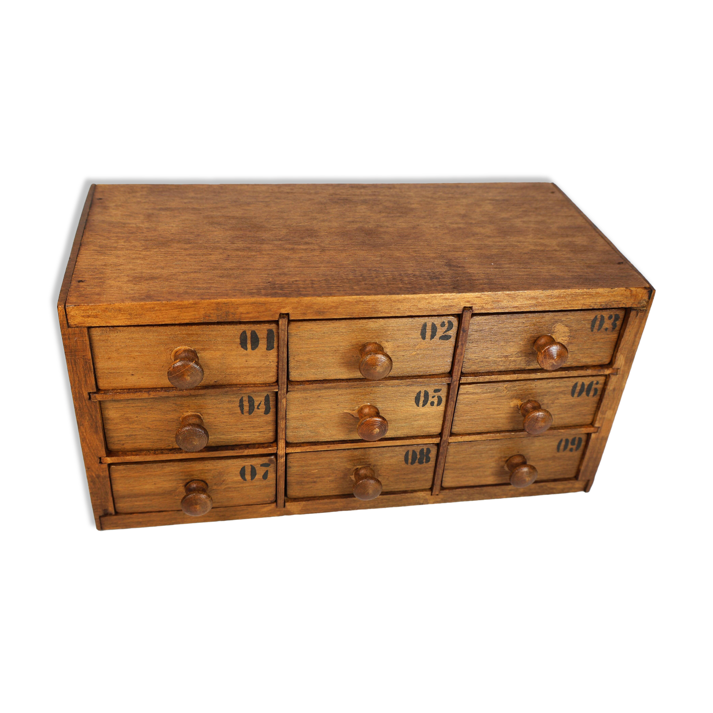 Small drawer unit, vintage wooden watchmaker's chest.