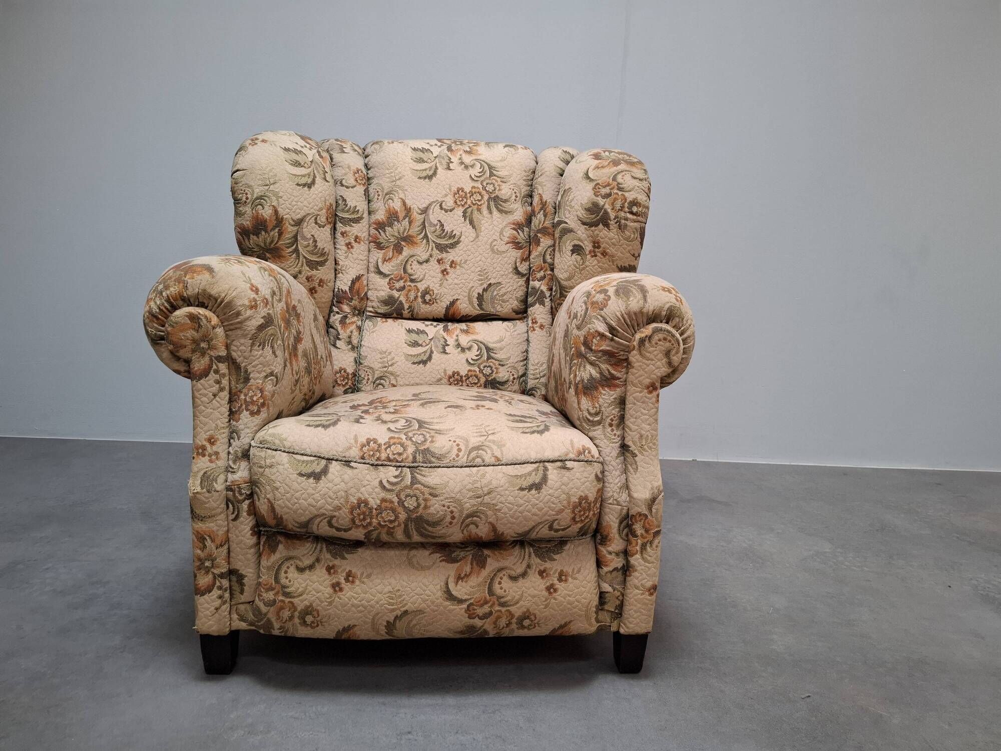 1930s Art Deco Czech Floral Upholstered Wingback Armchair