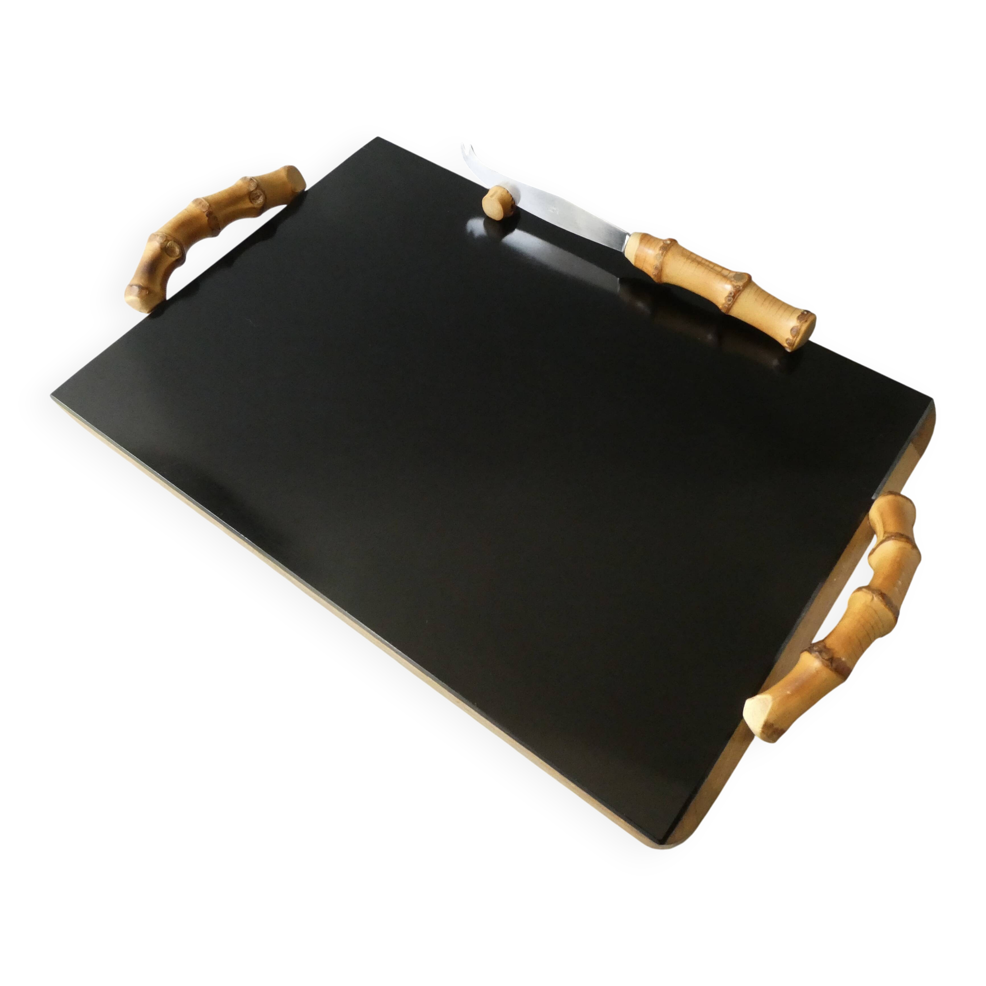 Wooden cheese board, bamboo handles, signed