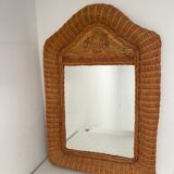 Wicker rattan mirror and carved insert 60s, 75x53 cm