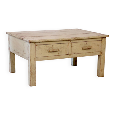 Ancienne table de chevet en teck birman patine écrue verte d’origine