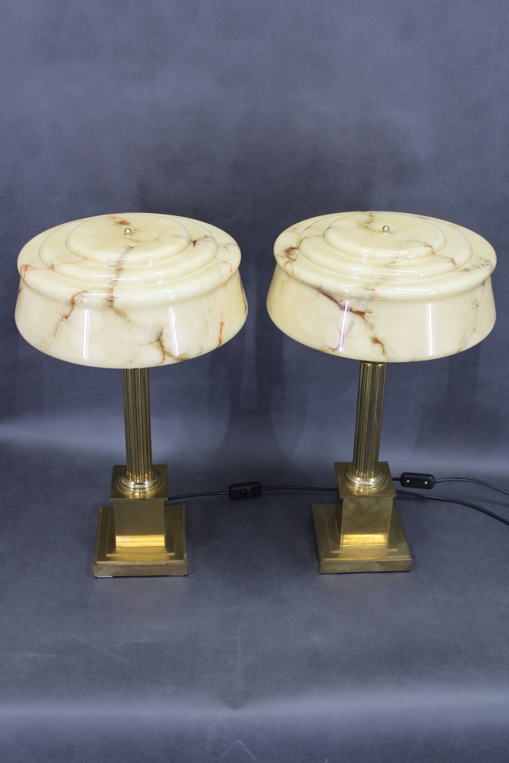 1940s Pair of Italian Restored Brass Table Lamps with Glass Shades