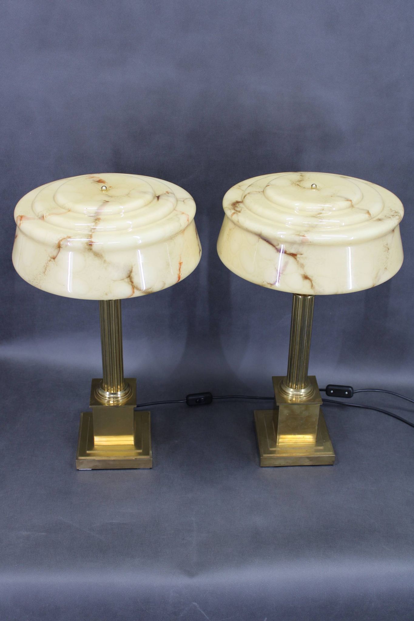 1940s Pair of Italian Restored Brass Table Lamps with Glass Shades
