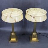 1940s Pair of Italian Restored Brass Table Lamps with Glass Shades