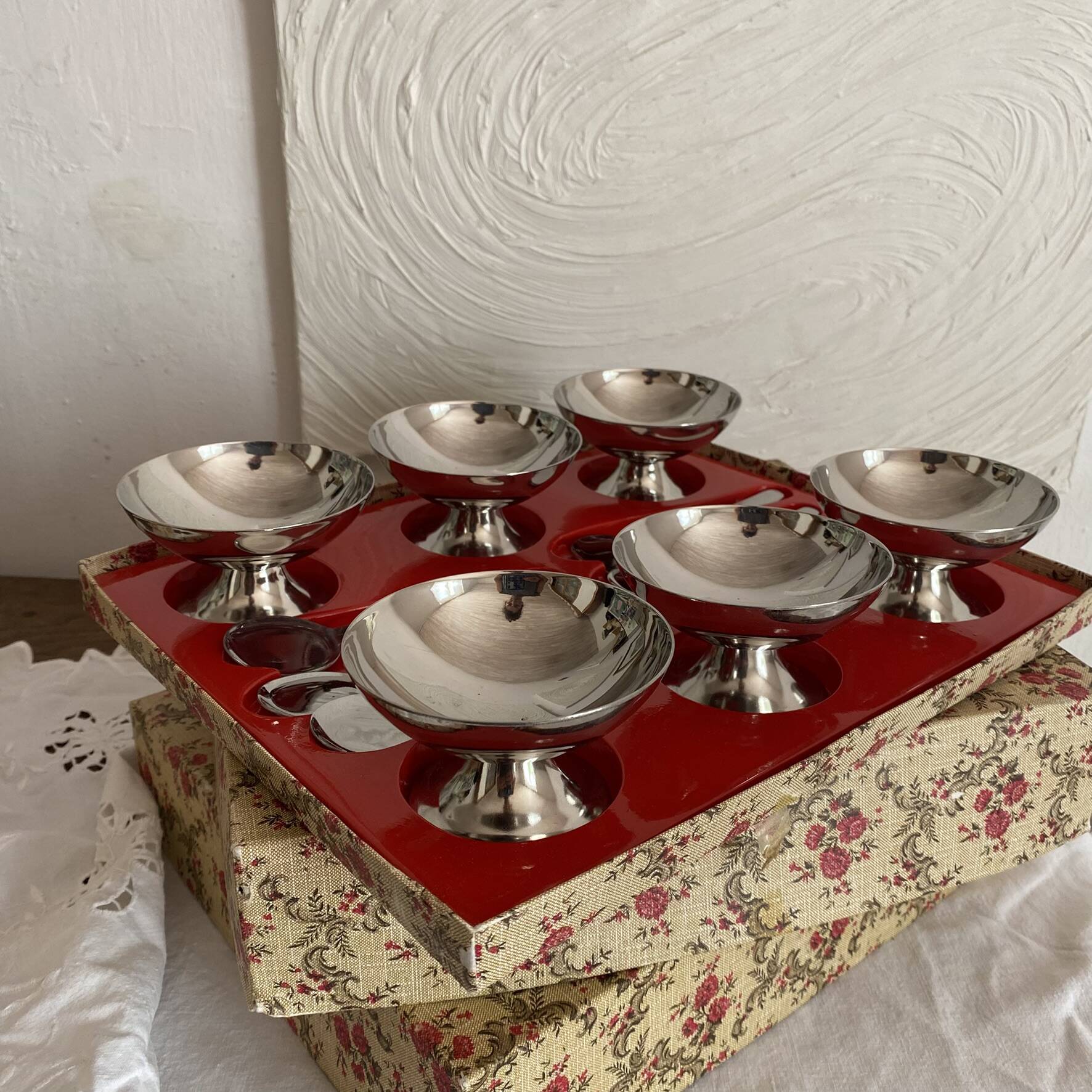 Stainless steel ice cream cups and spoons, 1960s-70s, original boxes.