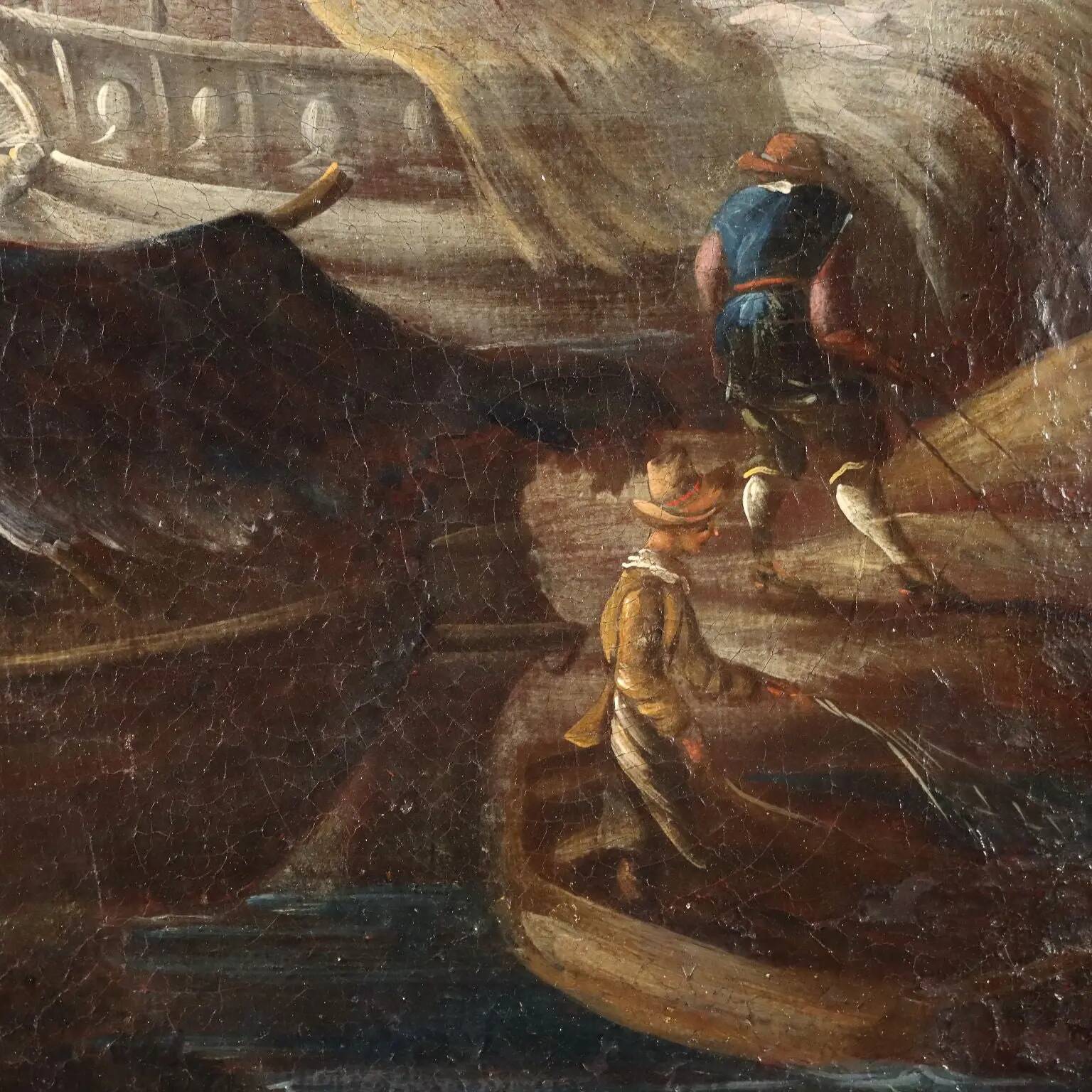 Old painting of a landscape with buildings, oil on canvas, 18th century.