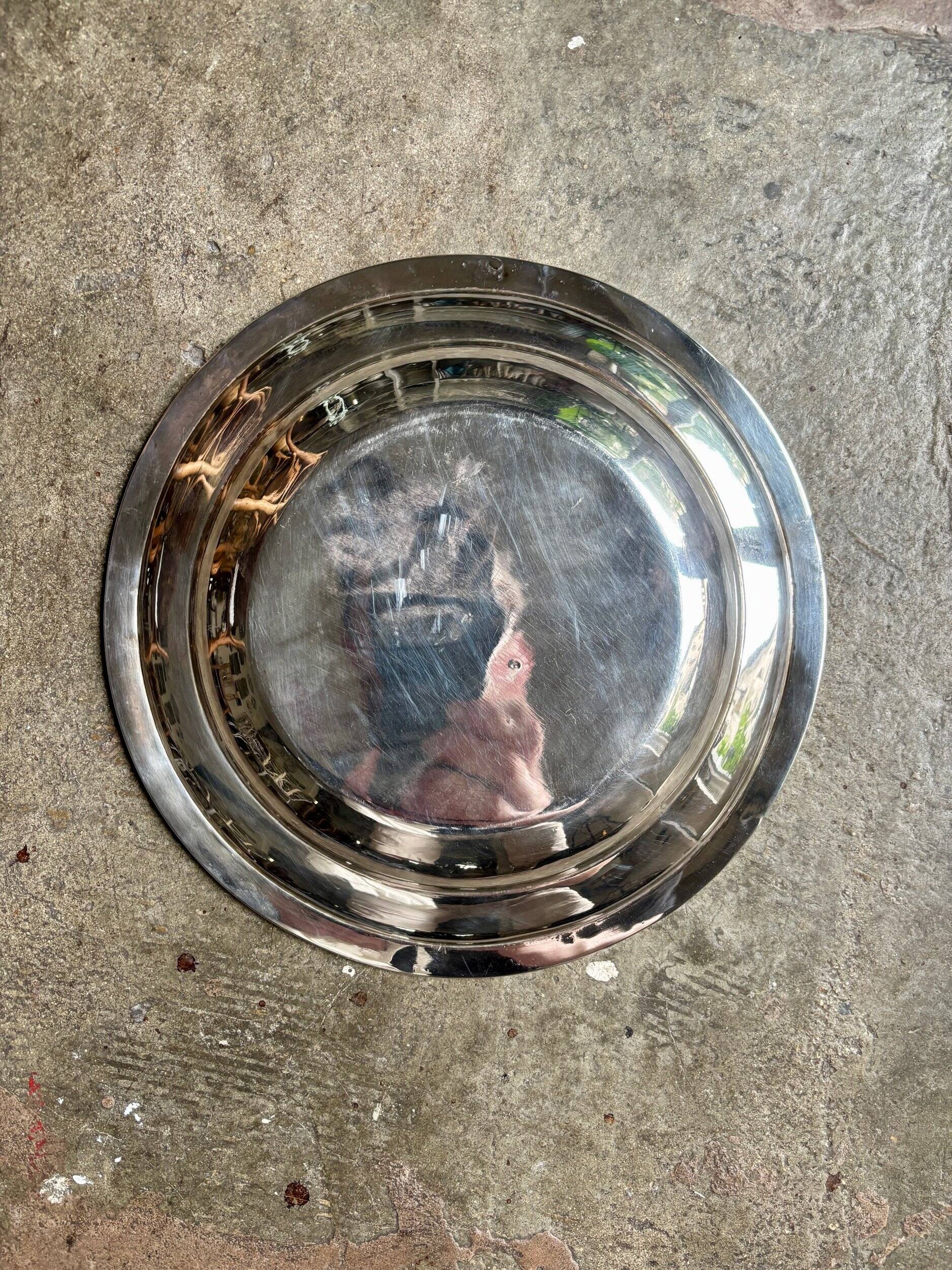 Round, hollow silver-plated metal dish