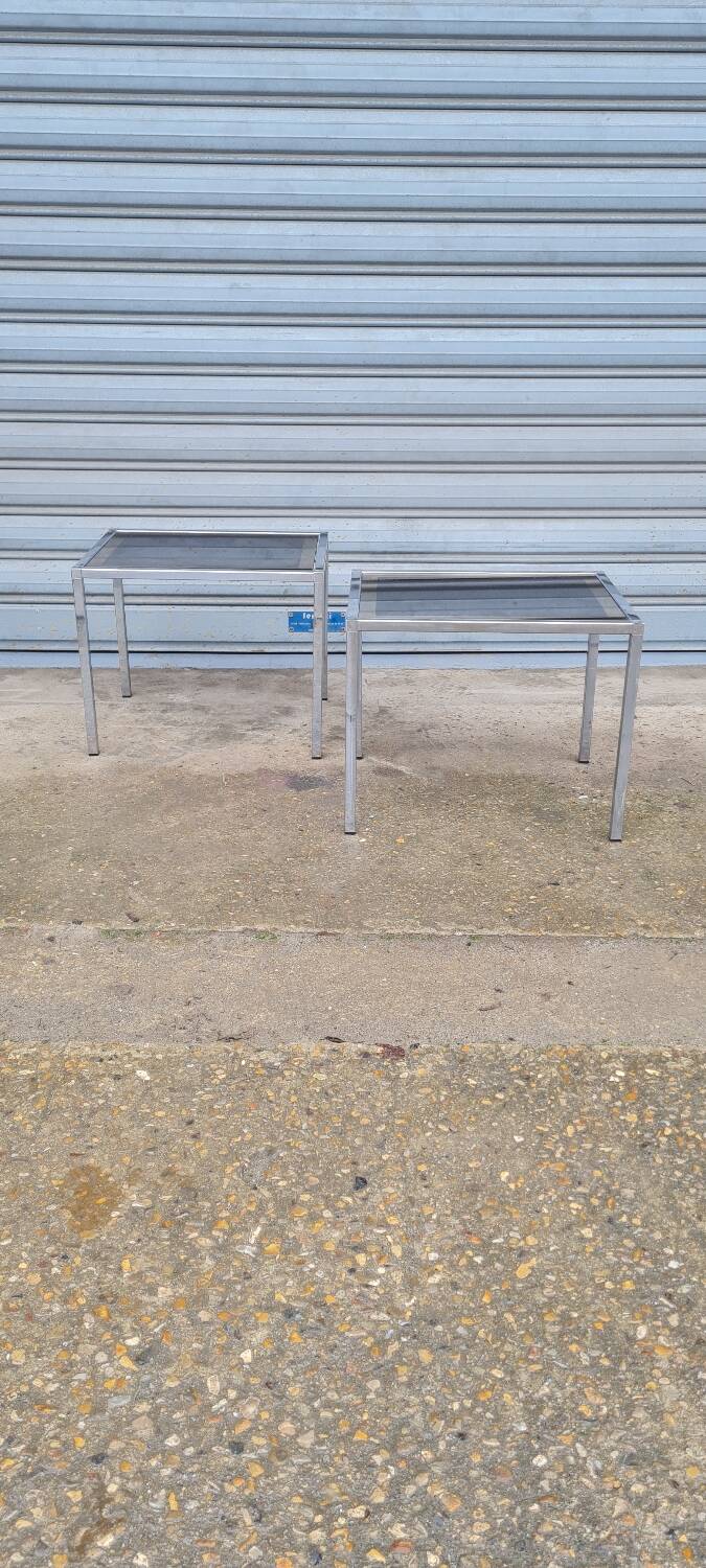 Pair of side tables in chrome metal and glass