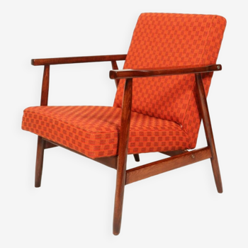 Vintage armchair Scandinavian style orange fabric 1970 walnut wood colour mid century modern design