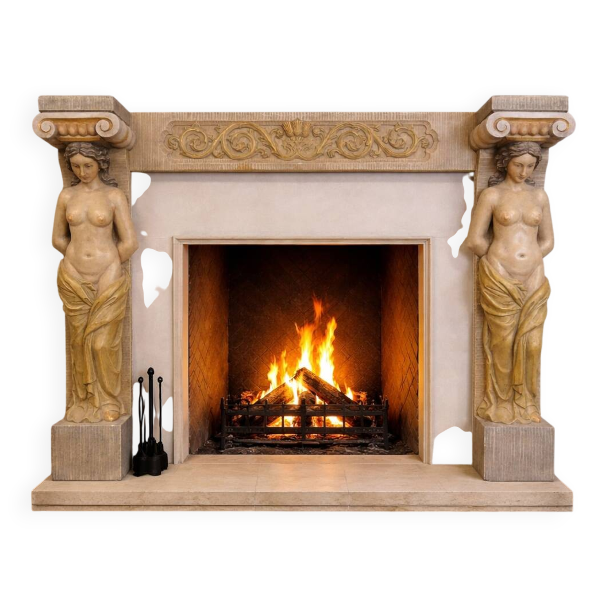 Cheminée en plâtre néoclassique avec des caryatides (femmes nues)