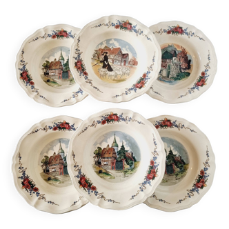 Lot de 6 assiettes creuses en faïence de porcelaine française de Sarraguemines modèle Obernai