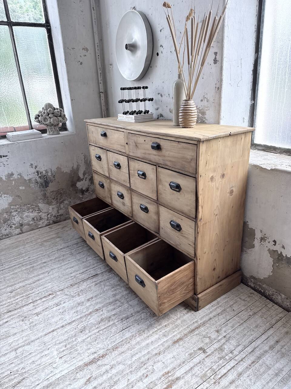 1950s pine workshop cabinet with drawers