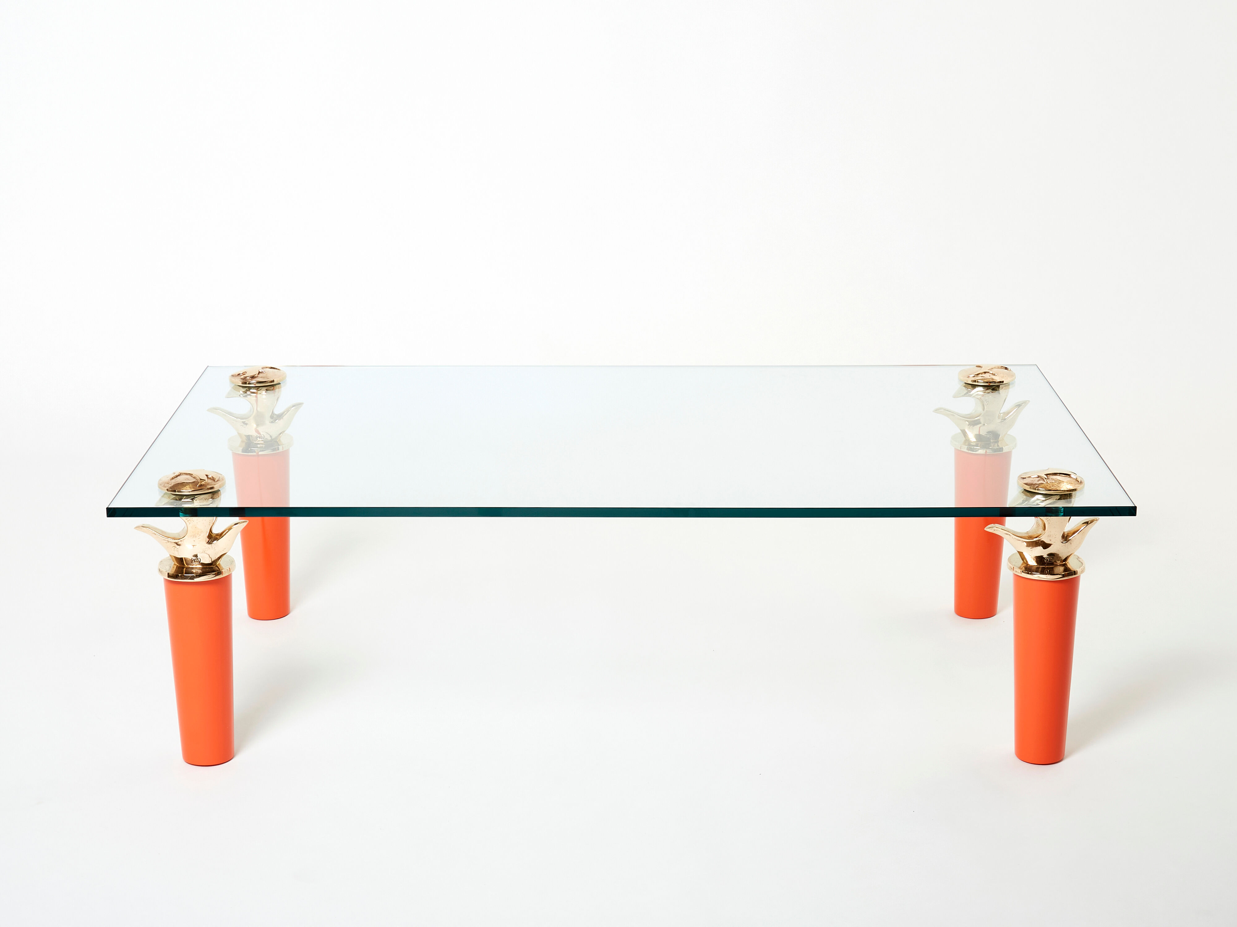 Rare coffee table lacquer orange bronze glass signed Garouste & Bonetti 1995