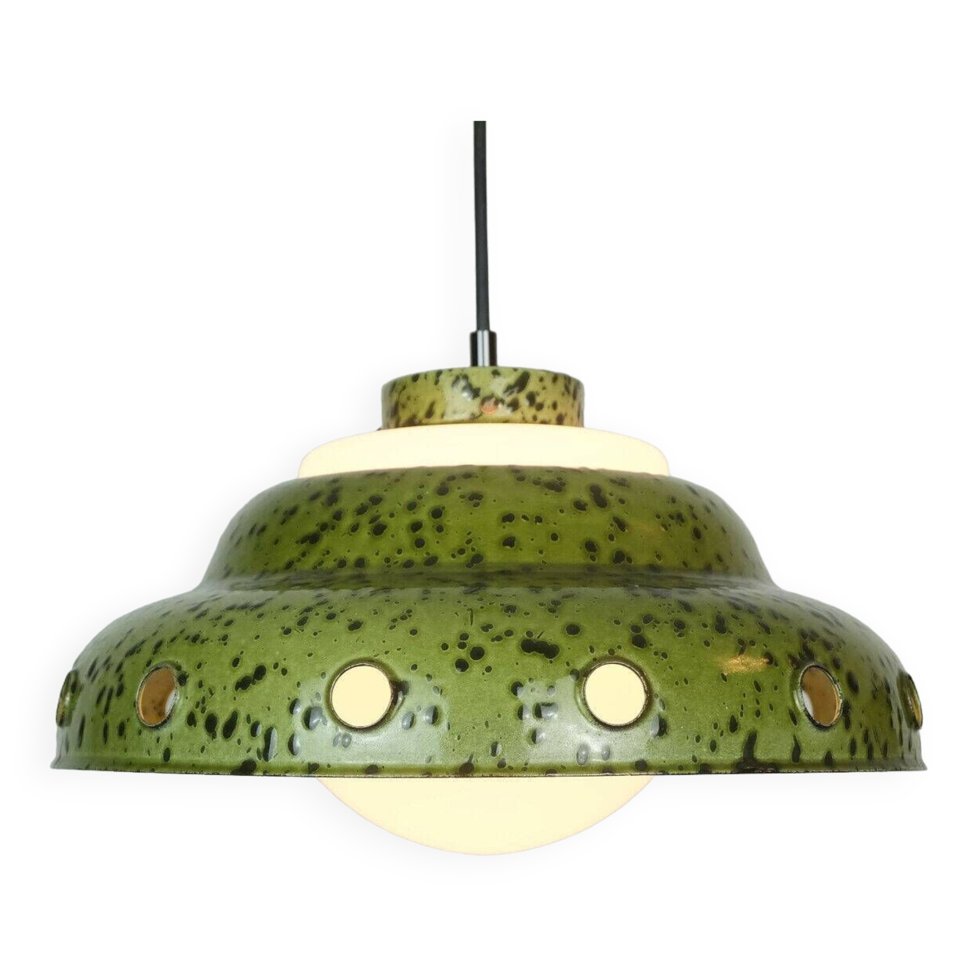 Suspension vintage en métal émaillé et verre blanc 1960