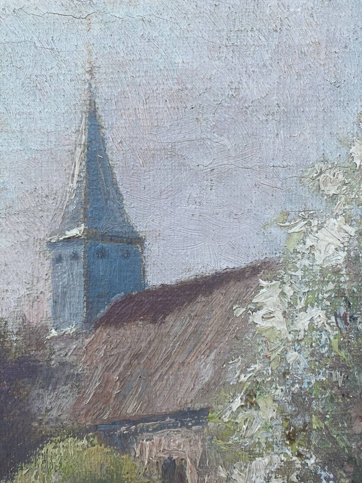 HST painting "Country part with bell tower" signed 19th century
