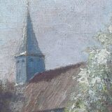 Tableau HST "Partie de campagne avec clocher" signé XIX° siècle