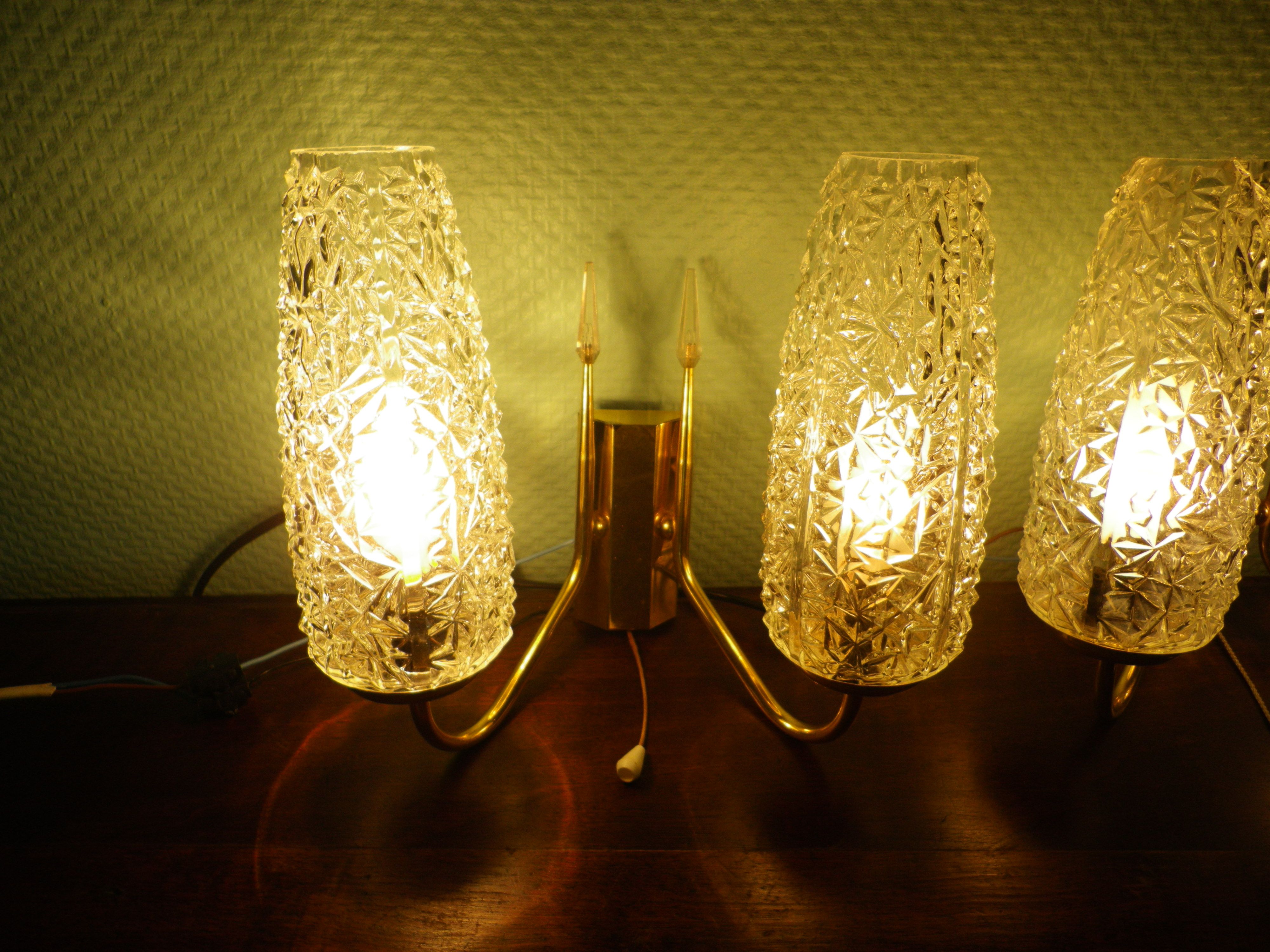Wall lamps double lighting, with drawer, gilded metal, lampshade in worked glass - 1970