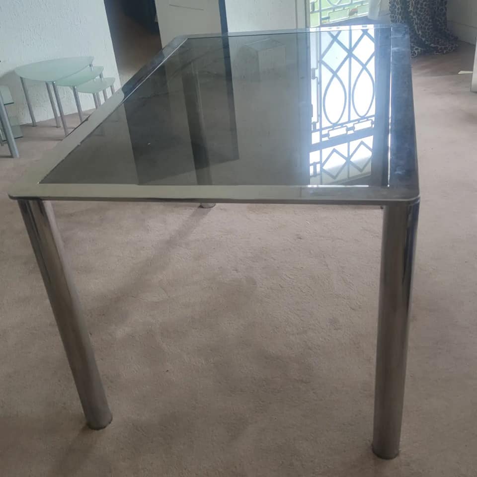 Dining table in chromed steel and smoked glass top, 1969