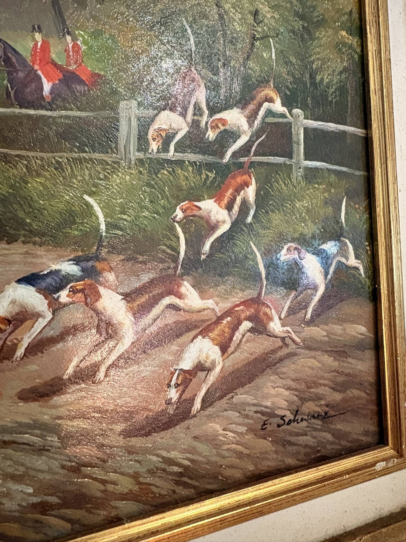 Oil Painting Panel Wood Gilded Hunting English Dog 19th Century