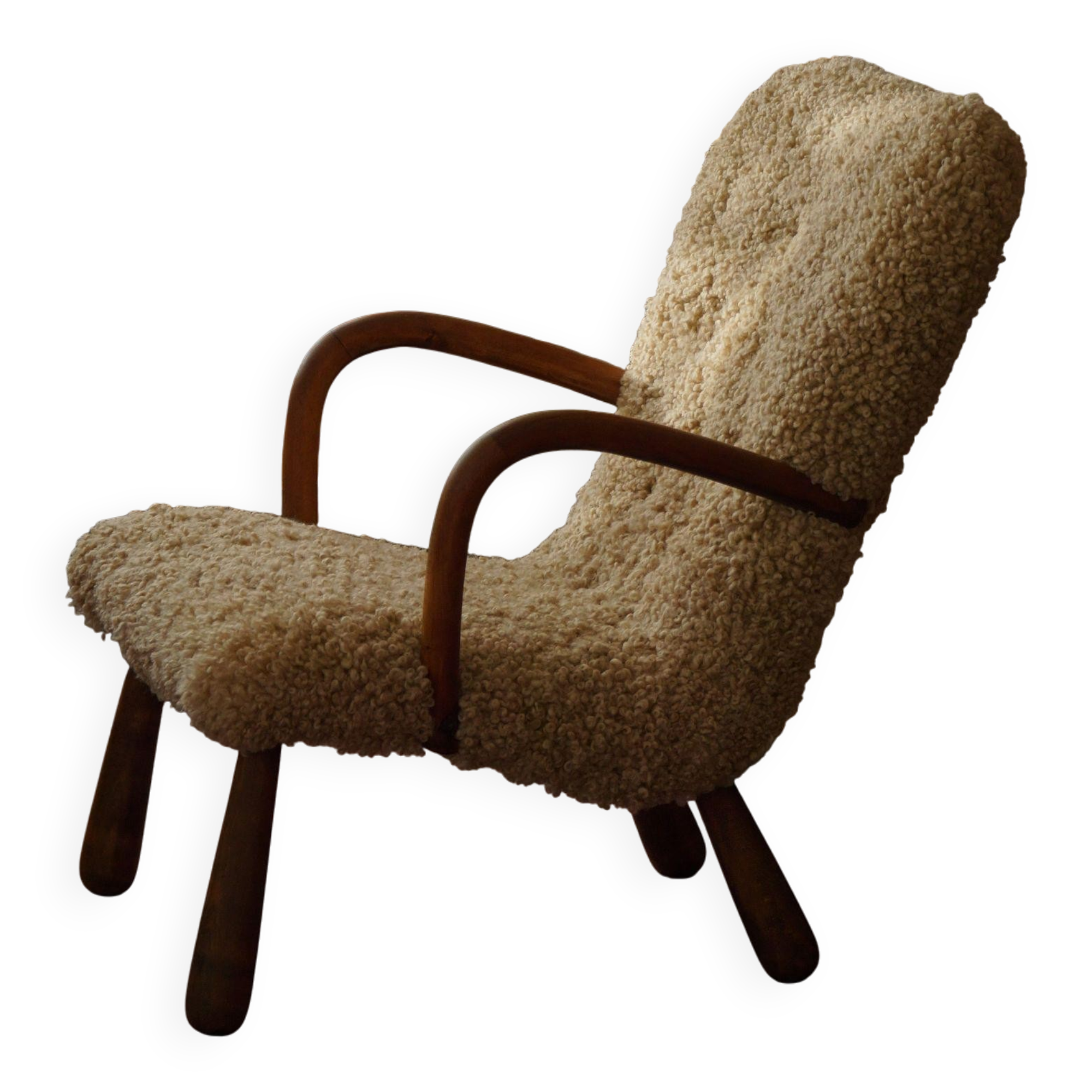 Pair of clam chairs in lambswool, Skive Møbelfabrik, Denmark, 1950s