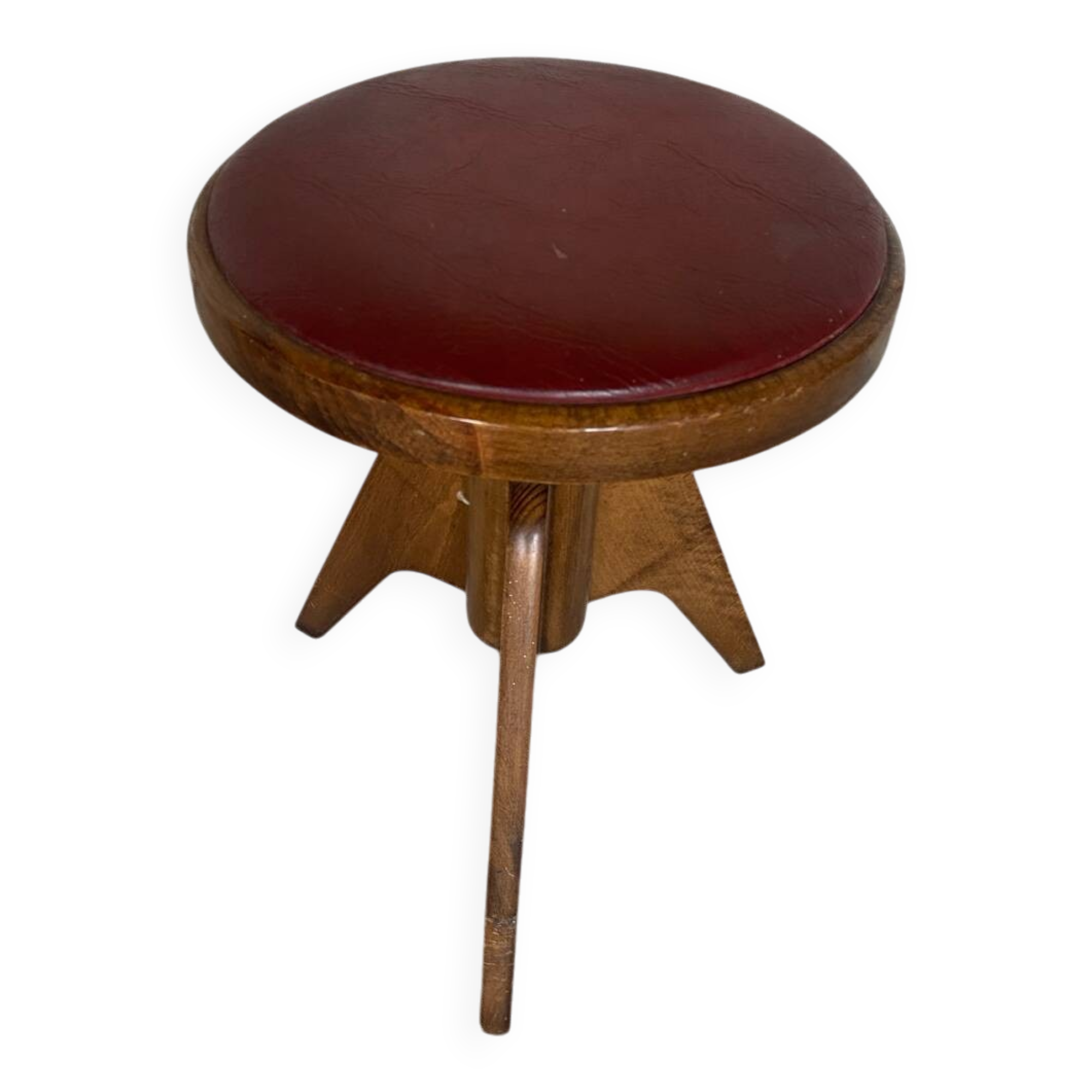 Vintage Red Leather Cushion Wooden Tripod Piano Stool
