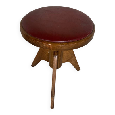 Tabouret Piano Ancien Tripode Bois + Assise Galette Cuir Rouge Vintage